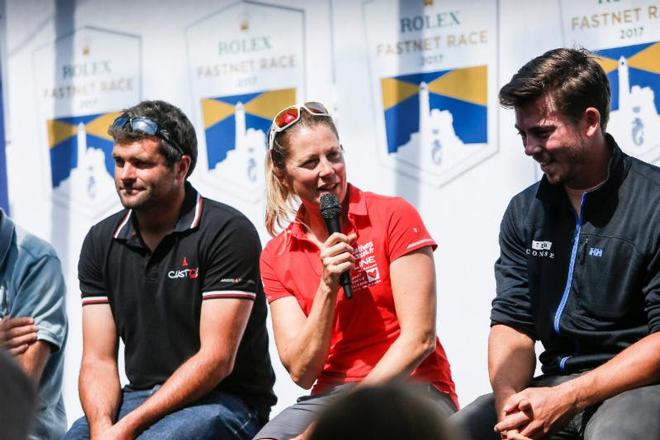 Vendée Globe and Volvo Ocean Race veteran Sam Davies will skipper Tanguy de Lamotte's foil-assisted IMOCA 60, Initiatives Coeur in the Rolex Fastnet Race (left: Alexis Loison (Night and Day),  middle: Sam Davies (initiatives Coeur), right: Ned Collier Wakefield (Concise 10) ©  Paul Wyeth / RORC